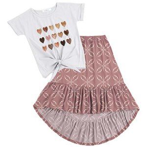 White Hearts Knot-Front Tee & Dusty Pink Geometric Hi-Low Skirt